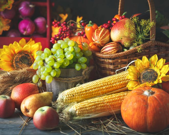 Herbstgemüse, -obst und Sonnenblumen in Körben