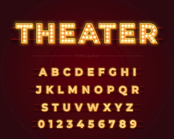 3D-Glühbirnen-Alphabet mit rotem Rahmen isoliert auf dunkelrotem Hintergrund. Leuchtende Retro-Schriftart im Theaterstil. Vektorillustration. Theater
